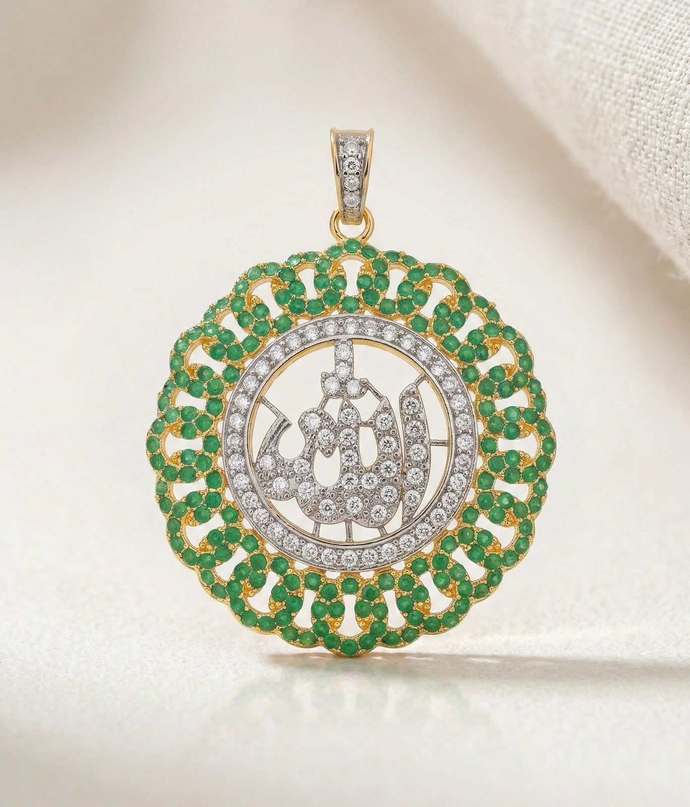Emerald Garden Allah Pendant - Diamond & Emerald Islamic Jewelry