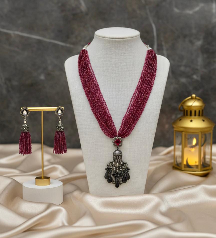 Burgundy Luxe Tassel Set - Multi-Strand Necklace & Earrings