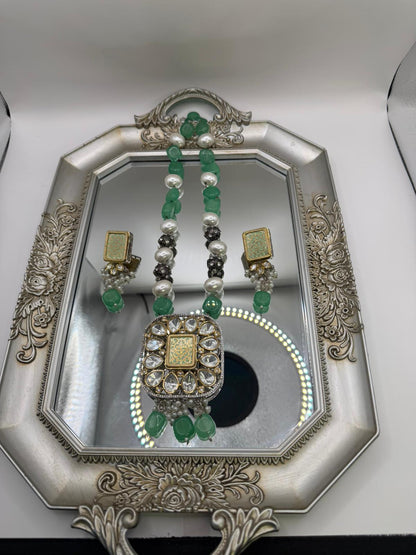 Emerald Empress Polki Complete Jewelry Set - Necklace, Earrings & Ring