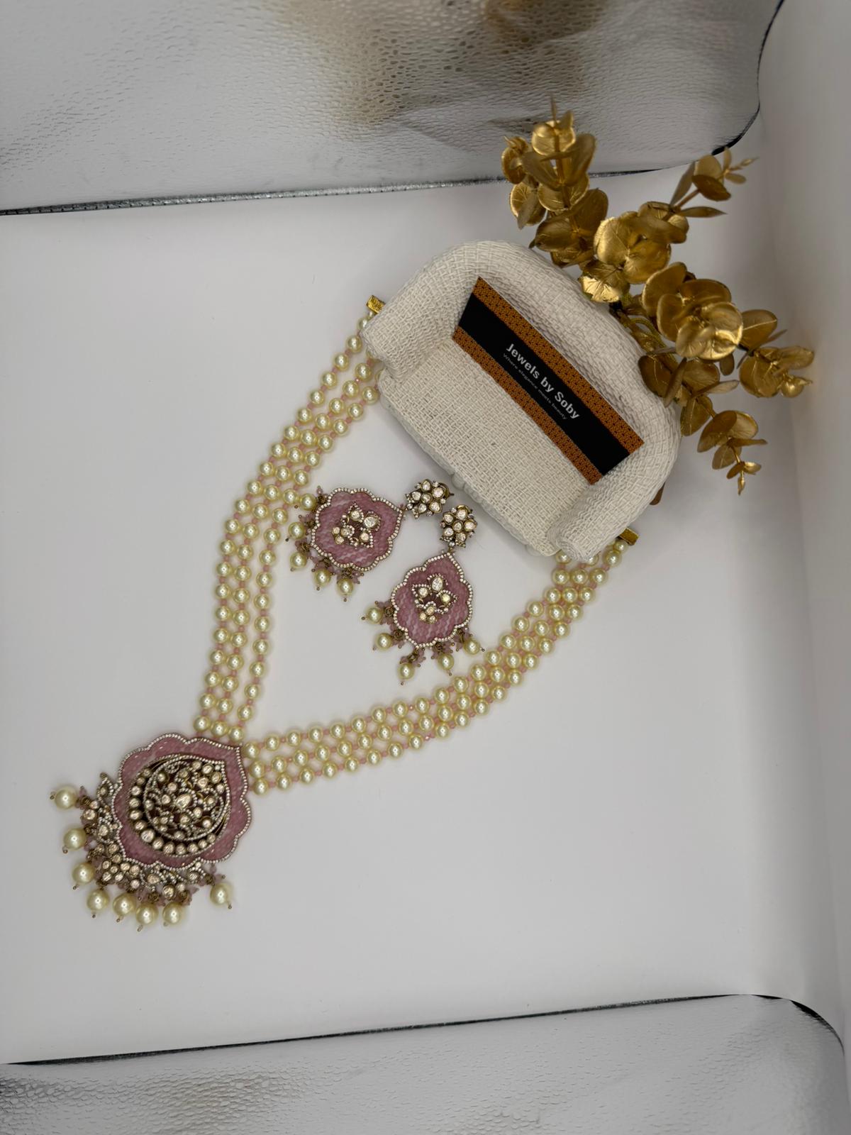 Rose Blossom Pearl Jewelry Set - Multi-Strand Necklace & Earrings