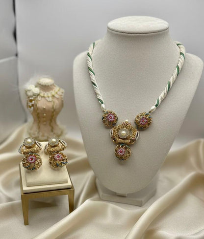 Rose Garden Silver Rope Jewelry Set - Twisted Necklace, Earrings & Ring