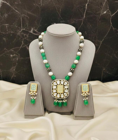 Emerald Garden Pearl Jewelry Set - Beaded Necklace & Drop Earrings