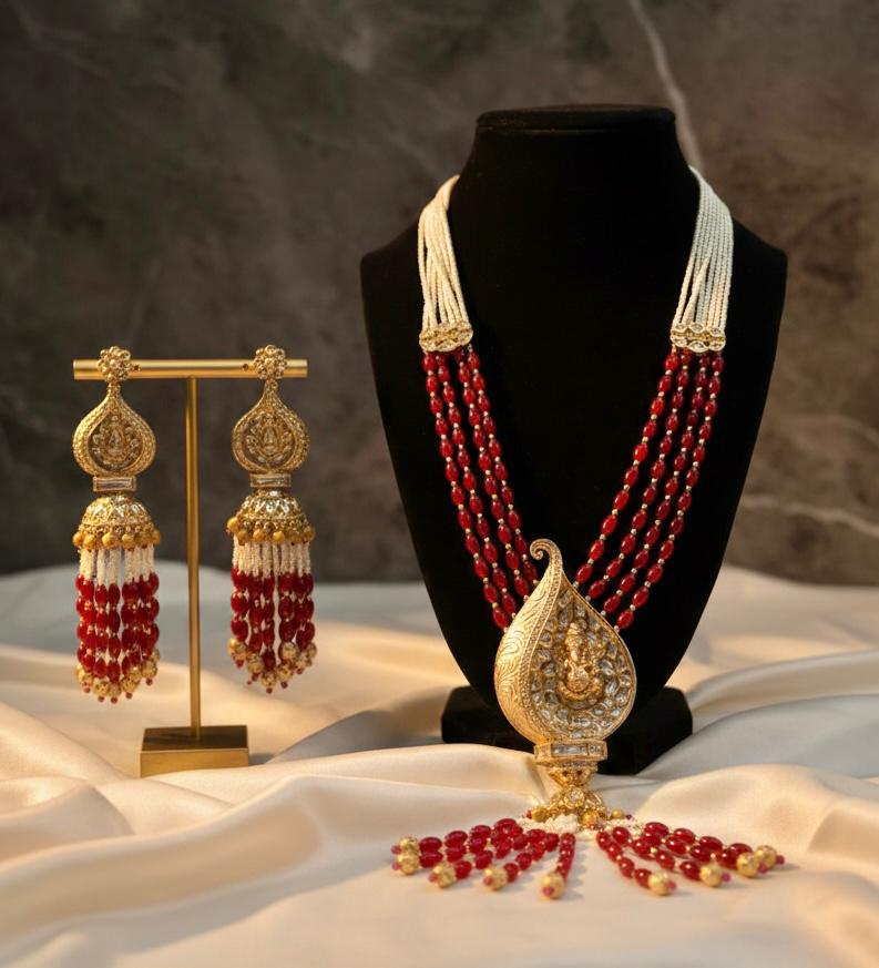 Royal Ruby  Jewelry Set - Gold Peacock Necklace & Jhumka Earrings