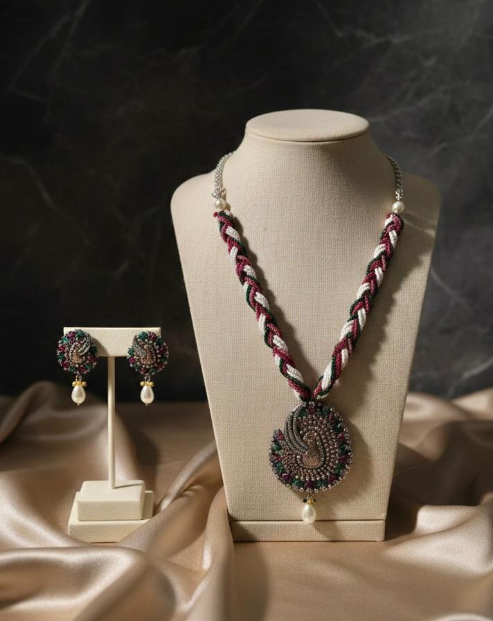 Burgundy Elegance Pearl Drop Jewelry Set - Necklace & Earrings
