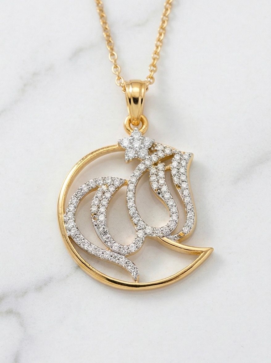 Diamond Crescent Allah Pendant Necklace - Gold Islamic Jewelry
