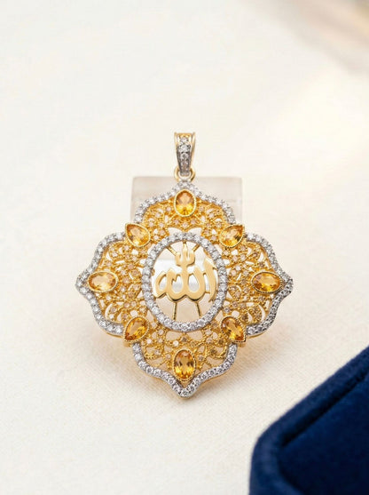 Citrine Blossom Allah Pendant - Yellow Topaz & Diamond Islamic Jewelry