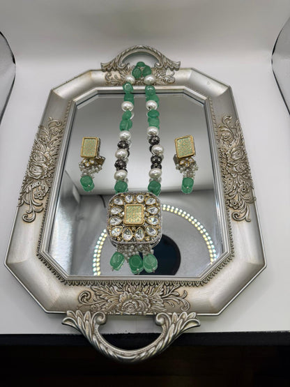 Emerald Empress Polki Complete Jewelry Set - Necklace, Earrings & Ring