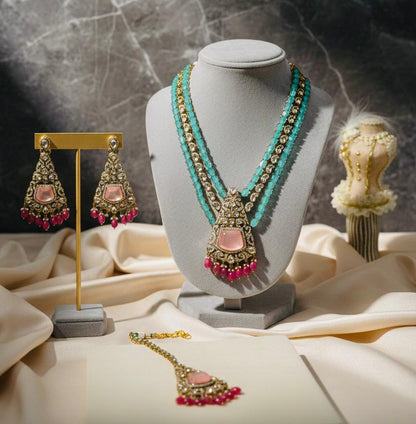 Turquoise Treasure Jewelry Set - Multi-Strand Necklace, Earrings & Maang Tikka