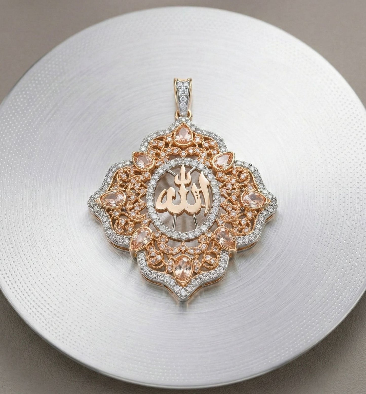 Rose Gold Blossom Allah Pendant - Champagne Crystal Islamic Jewelry