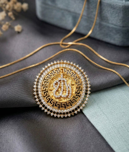 Greek Key Allah Medallion Pendant - Gold Diamond Islamic Jewelry