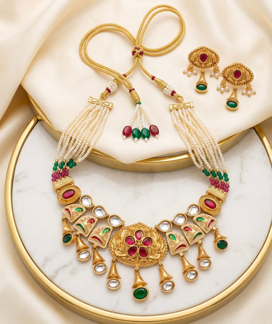 Traditional Kundan & Meenakari Pearl Choker Necklace Set